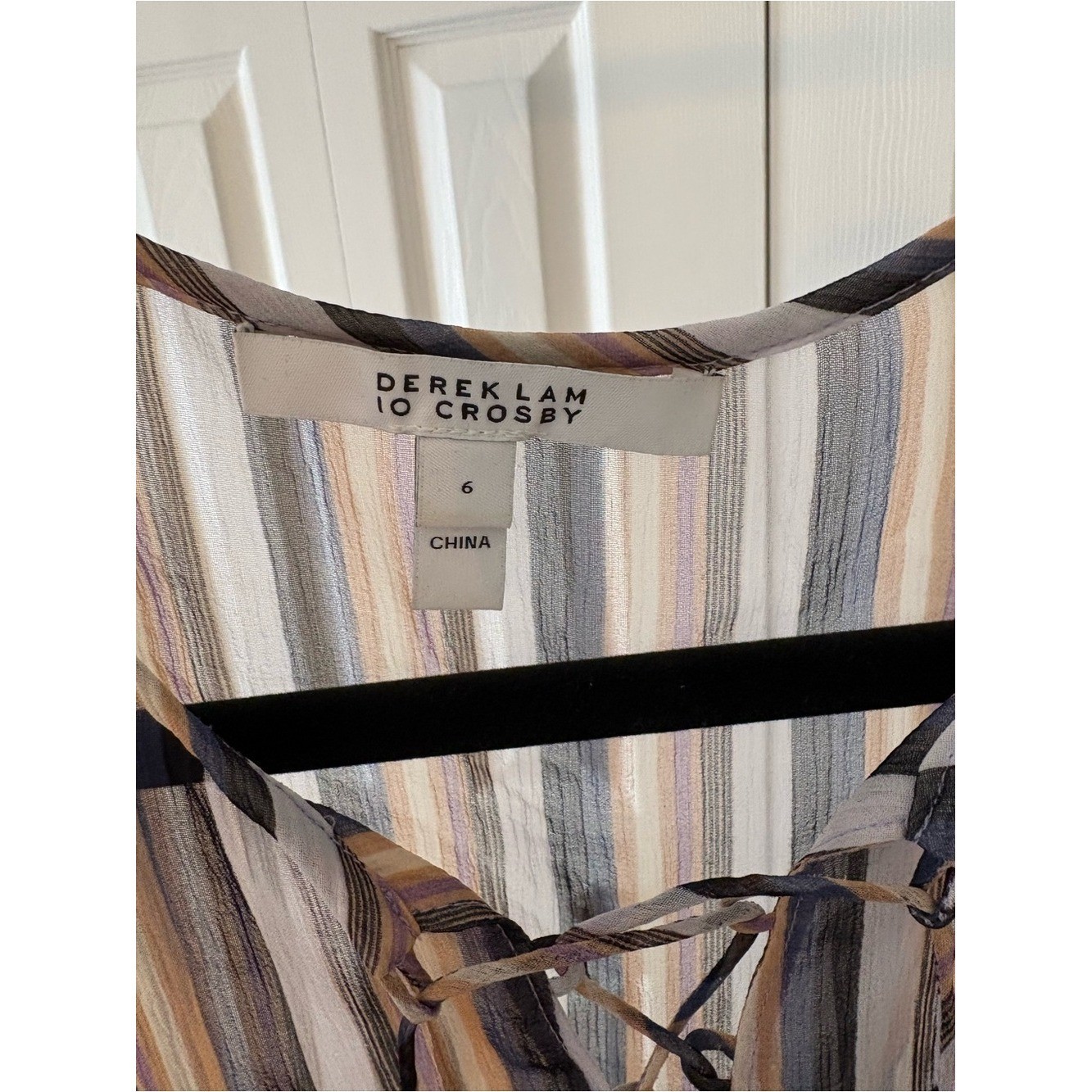 Derek Lam Top SheerLace-Up Long-Sleeve Blouse Neutral Multi-Stripe Size 6 Boho