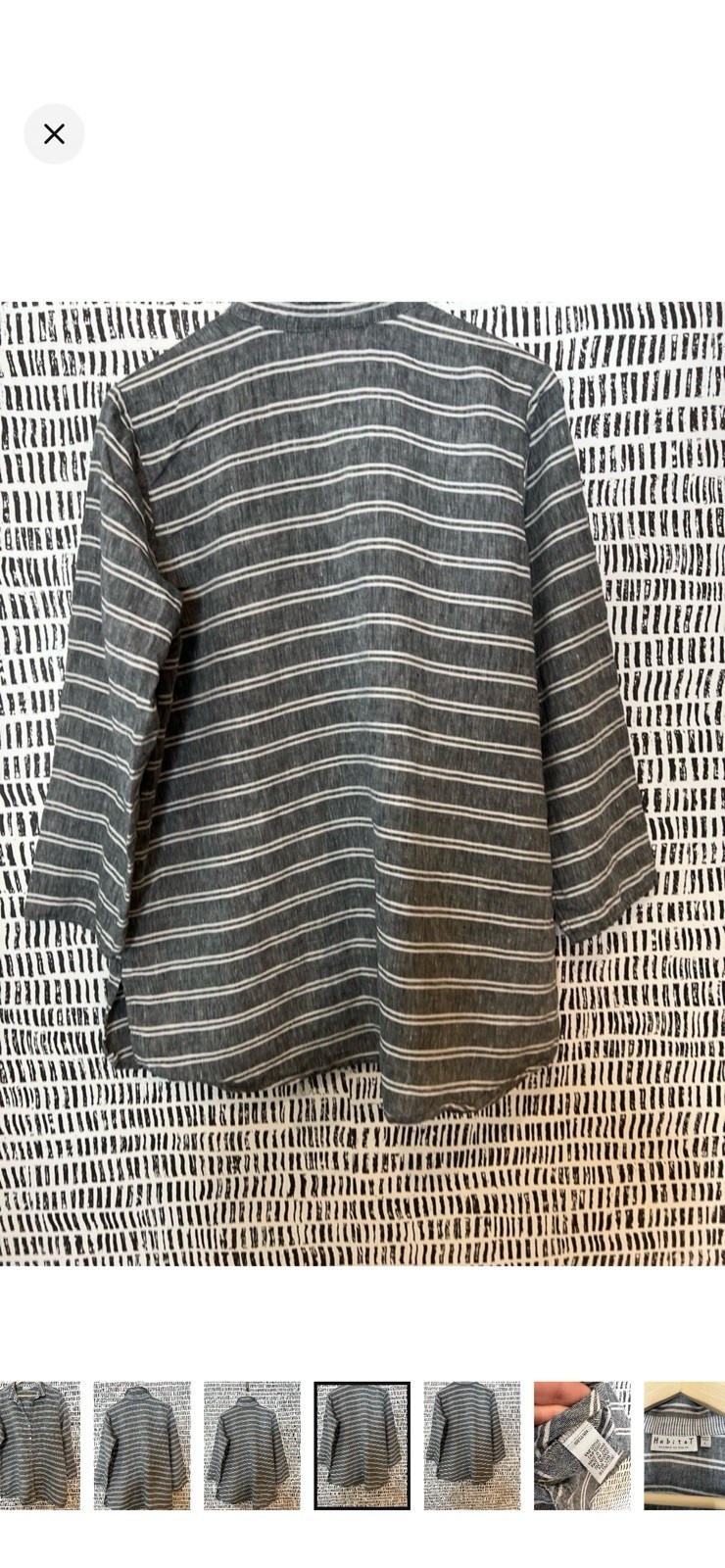 Habitat Gray White Striped Button-Up Collared 3/4 Sleeve Cotton Woven Top L