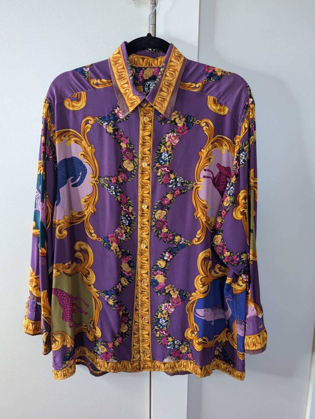 English Eccentrics Silk Button Down Oversized Animal Design XS