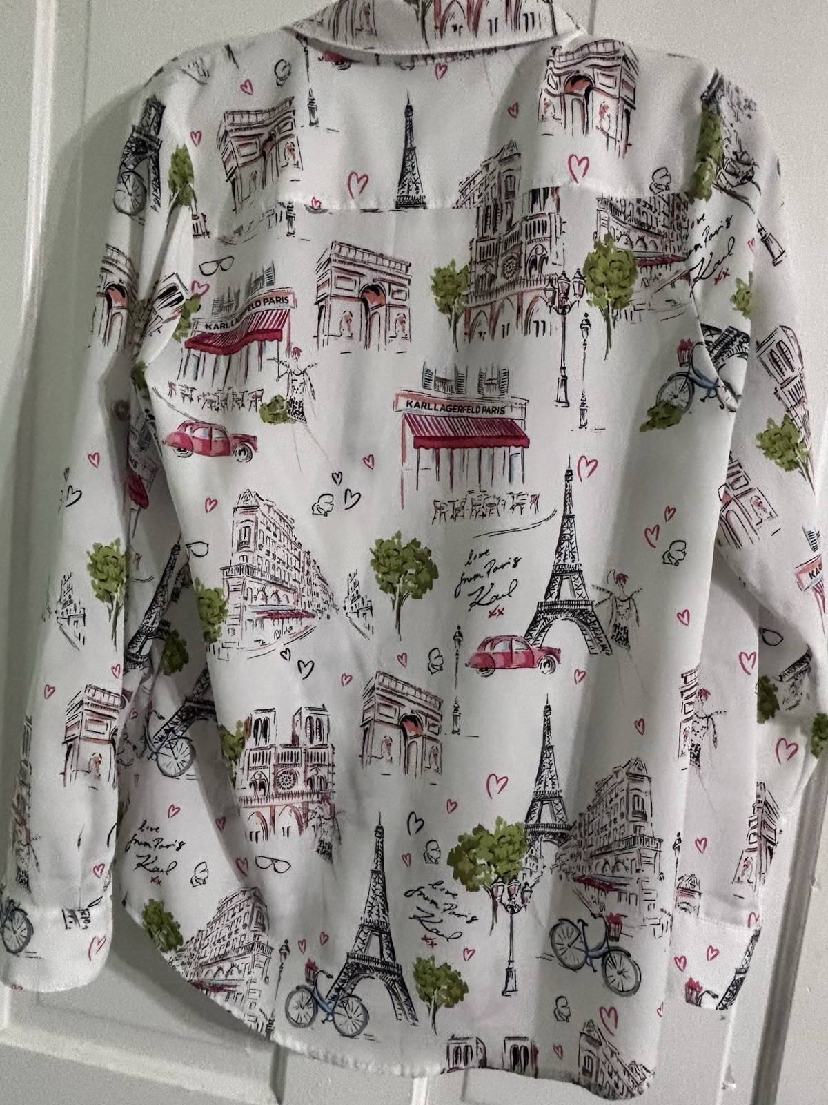 KARL LAGERFELD PARIS Women’s Button-Up Shirt Collared Paris Print White M