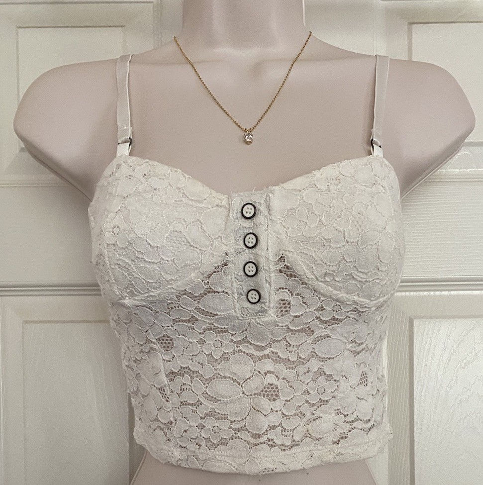 Forever 21 White Floral Lace Bralette Spaghetti Strap Cropped Cami Tank Top ~ S