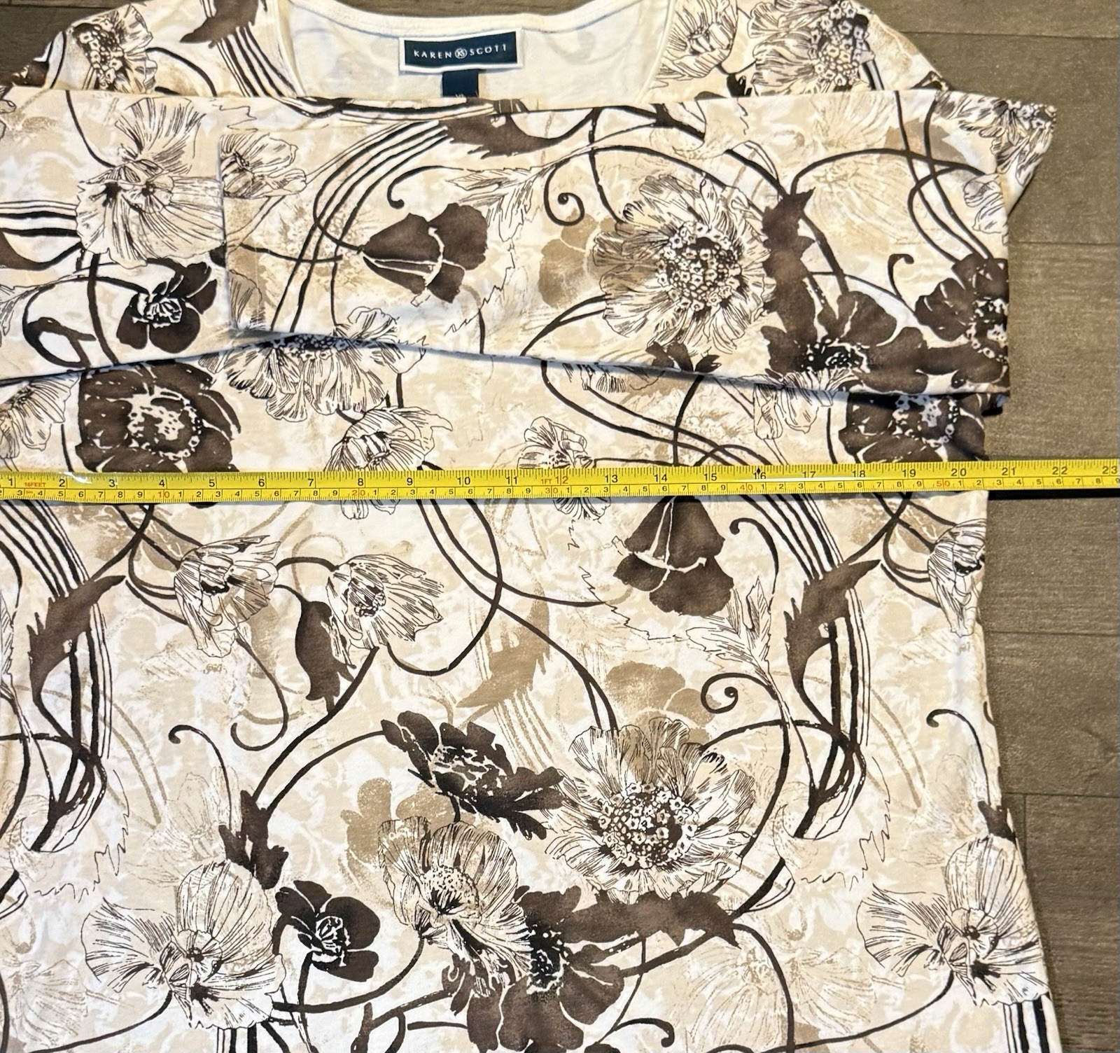 Karen Scott Women’s XL Regular Beige Brown White Floral Knit Scoop Neck T-Shirt
