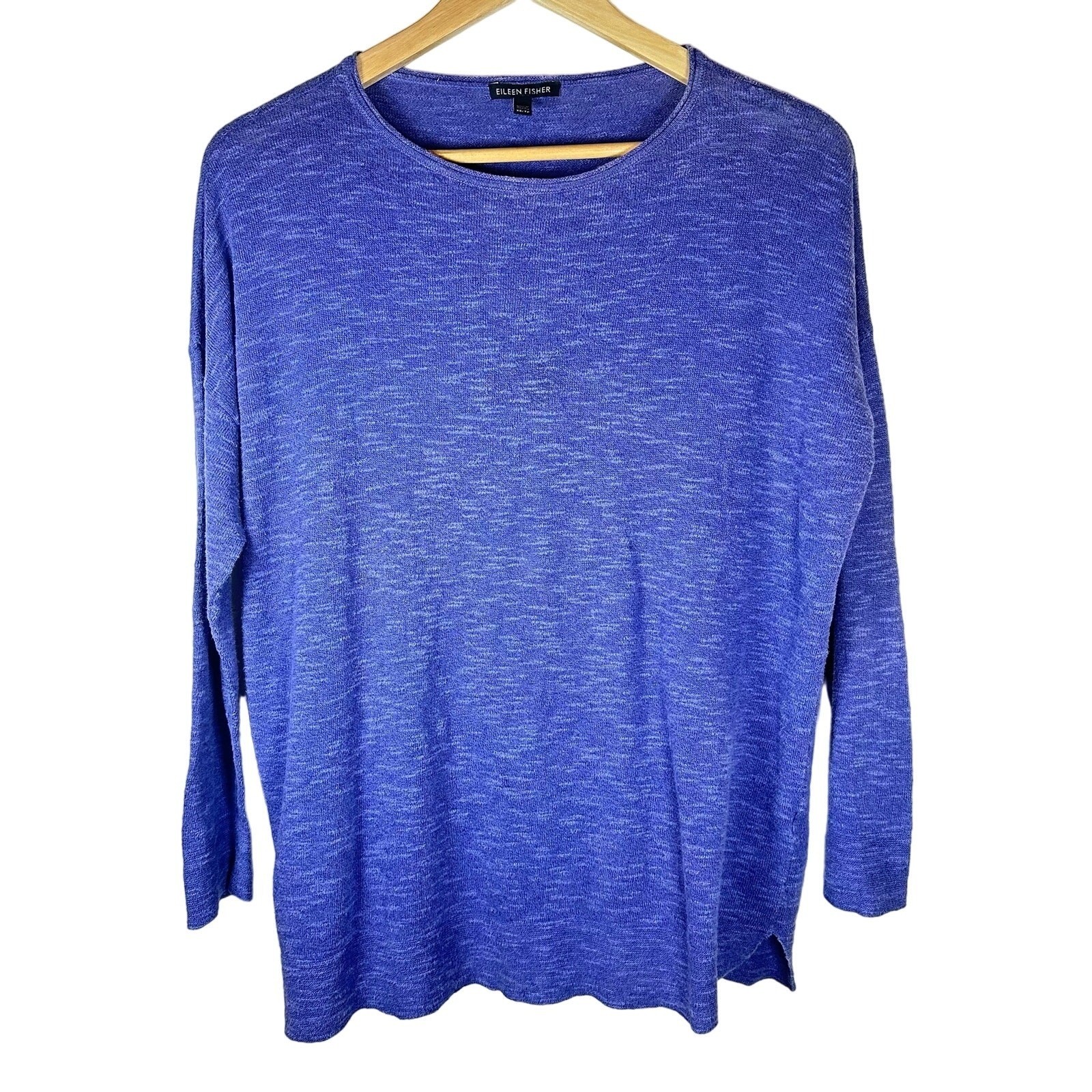 Eileen Fisher organic linen cotton blend blue space dye knit top womans XS