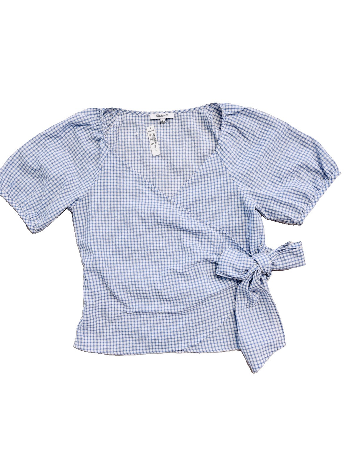 Madewell NWT Lucy Gingham Seersucker Puff-Sleeve Wrap Top Small Blue/ White