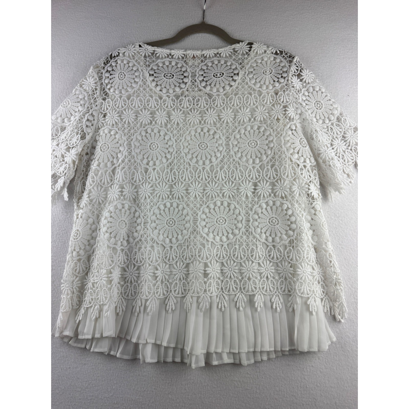 Chico Floral Crochet Lace Pleated Chiffon Short Sleeve Top White Boho Romantic