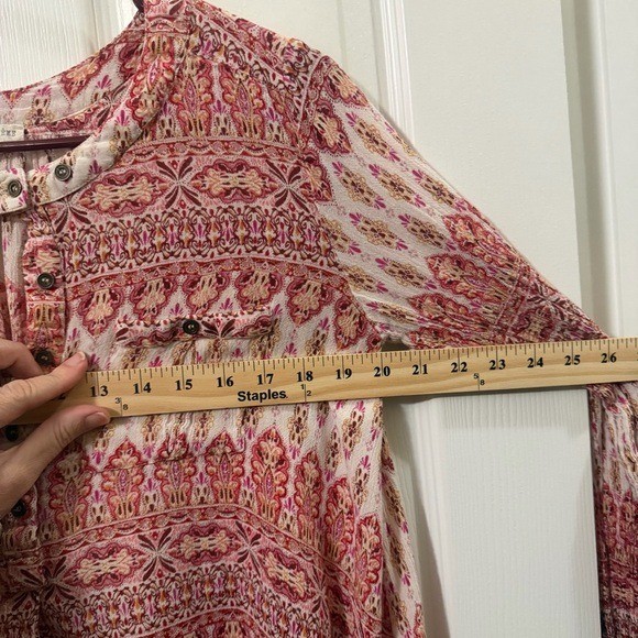 En Creme Boho Tunic Blouse Womens Small Red Geometric Viscose Excellent Pockets