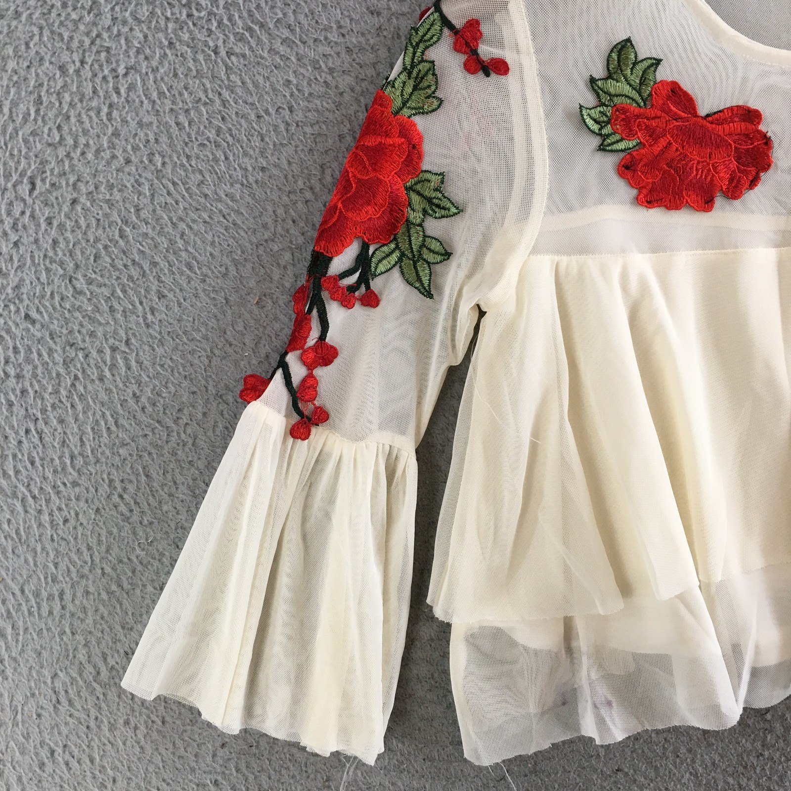 Yourself Blouse Womens S Bell Sleeve Sheer Mesh Embroidered Casual Floral Ivory