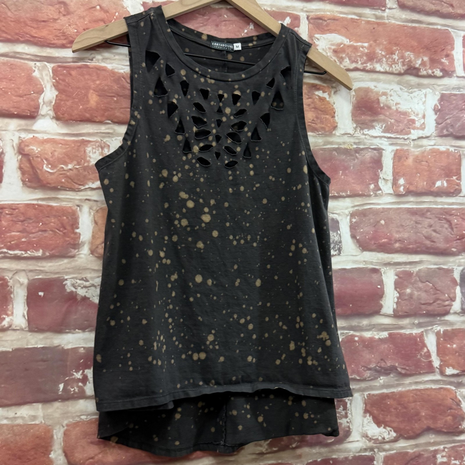 Earthbound Trading Co Top Womens M Black Bleach Dot Cutout Distressed Tank Shirt