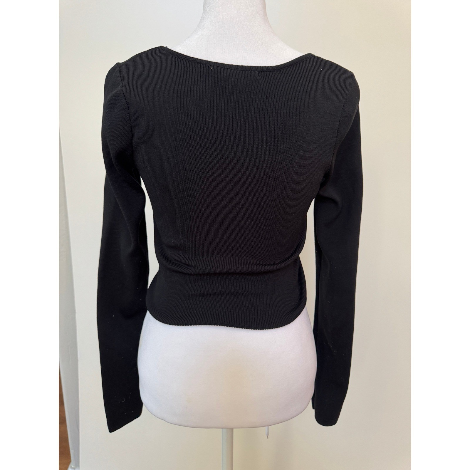 Womens Black Long Sleeve Ribbed Knit Crop Top Square Neck Size Small