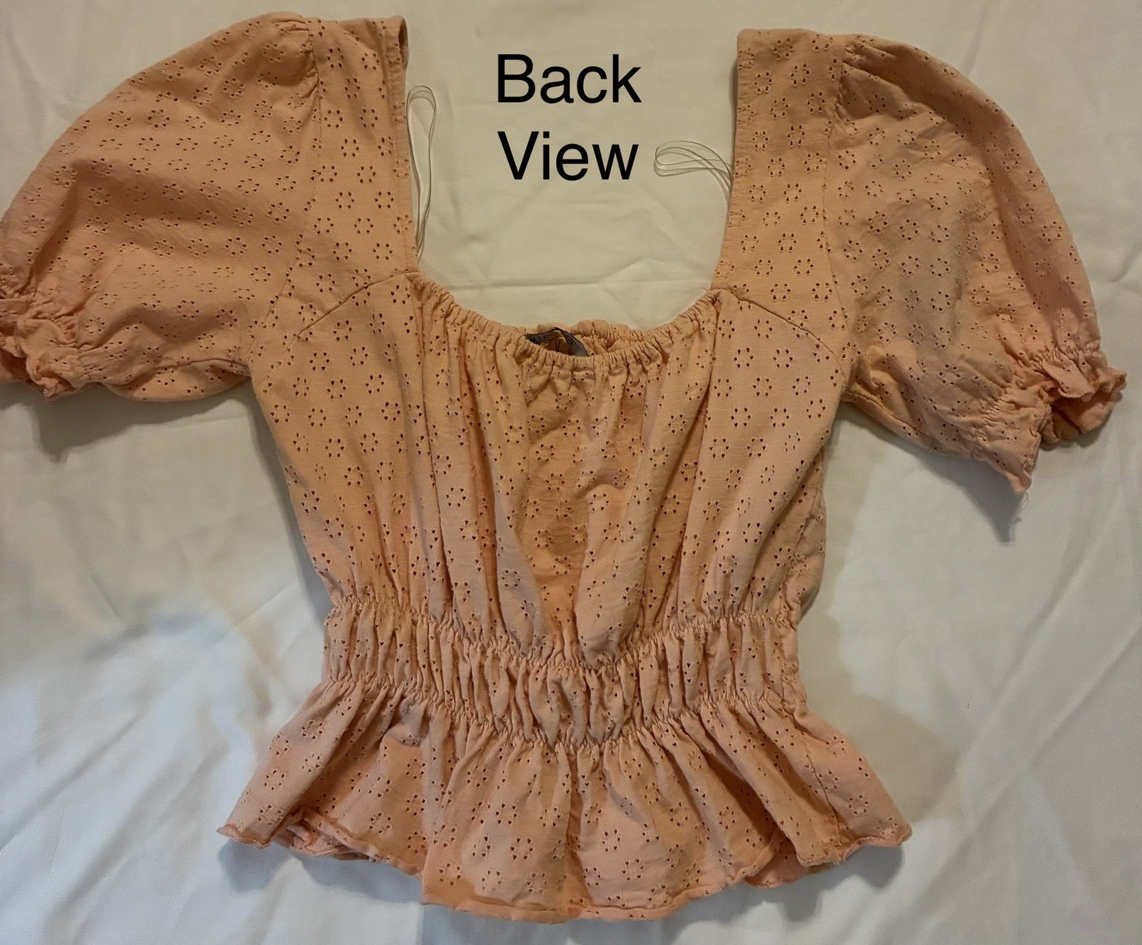 Peach / Coral Smocked Eyelet Puff Short Sleeve Square Neck Crop Cotton Blouse M