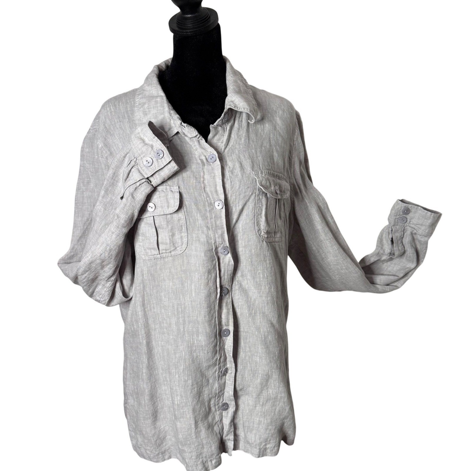 Minimalist Utility Linen Safari Top Womens 14 Gray Lagenlook layering Blouse