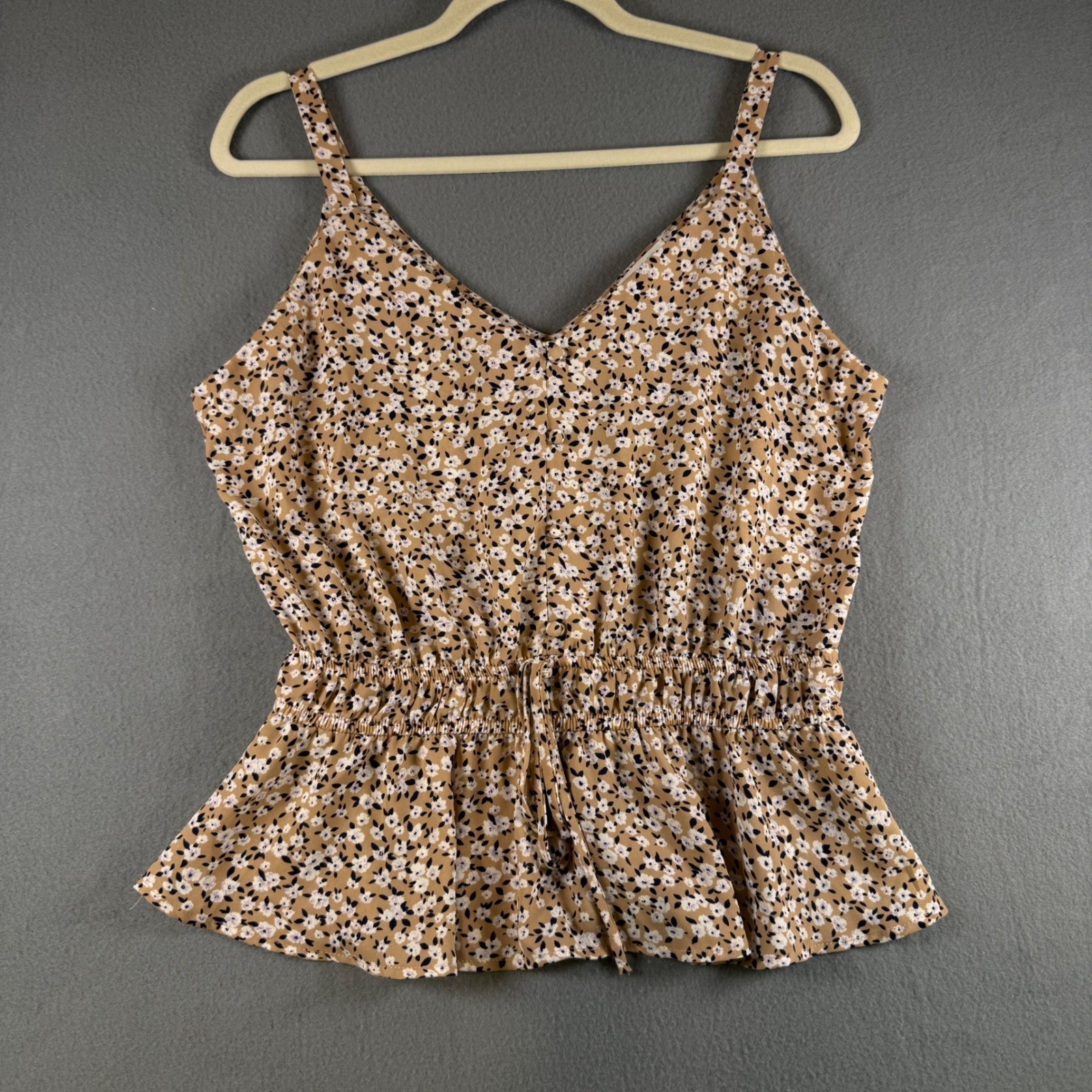 Sienna Sky Womens Tan Ditsy Floral Peplum Cami Top V-Neck Elastic Waist Large