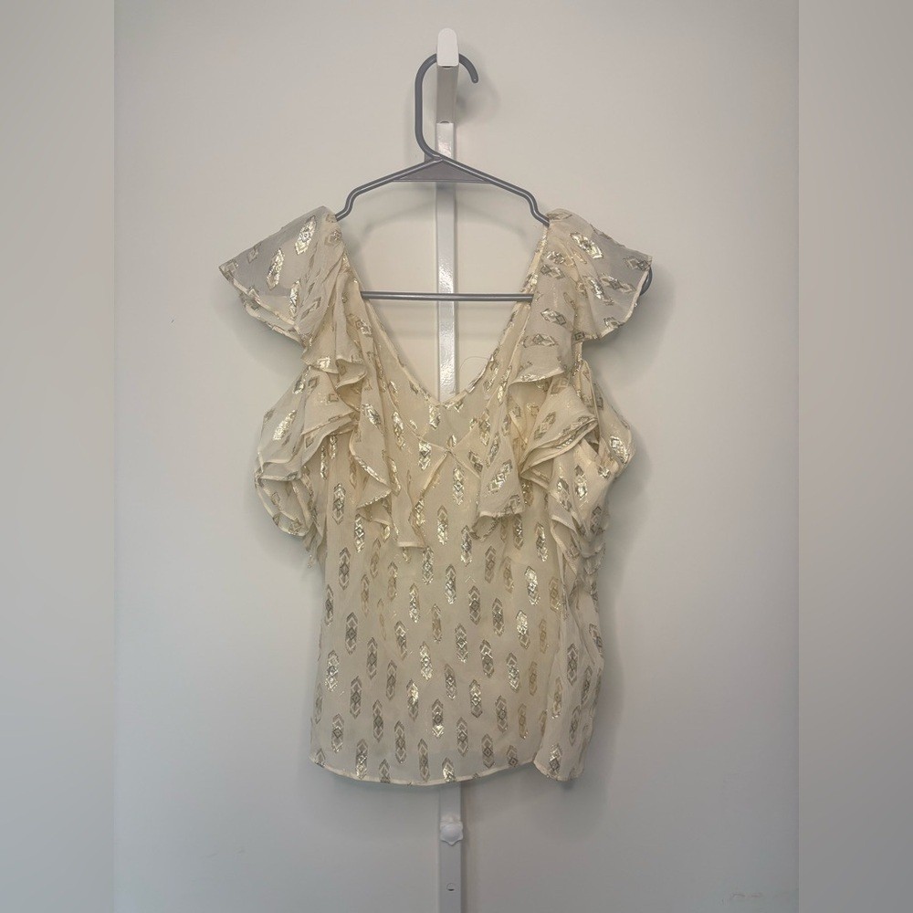 LoveShackFancy Cream Gold Silk Lurex Ruffle Blouse Top Size S