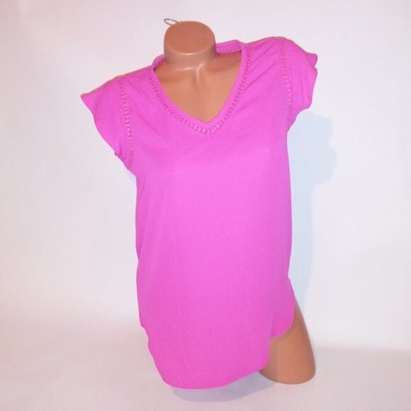 Attention Blouse Womens Small Solid Pink Dot Embroidered Trim Cap Sleeve V Neck