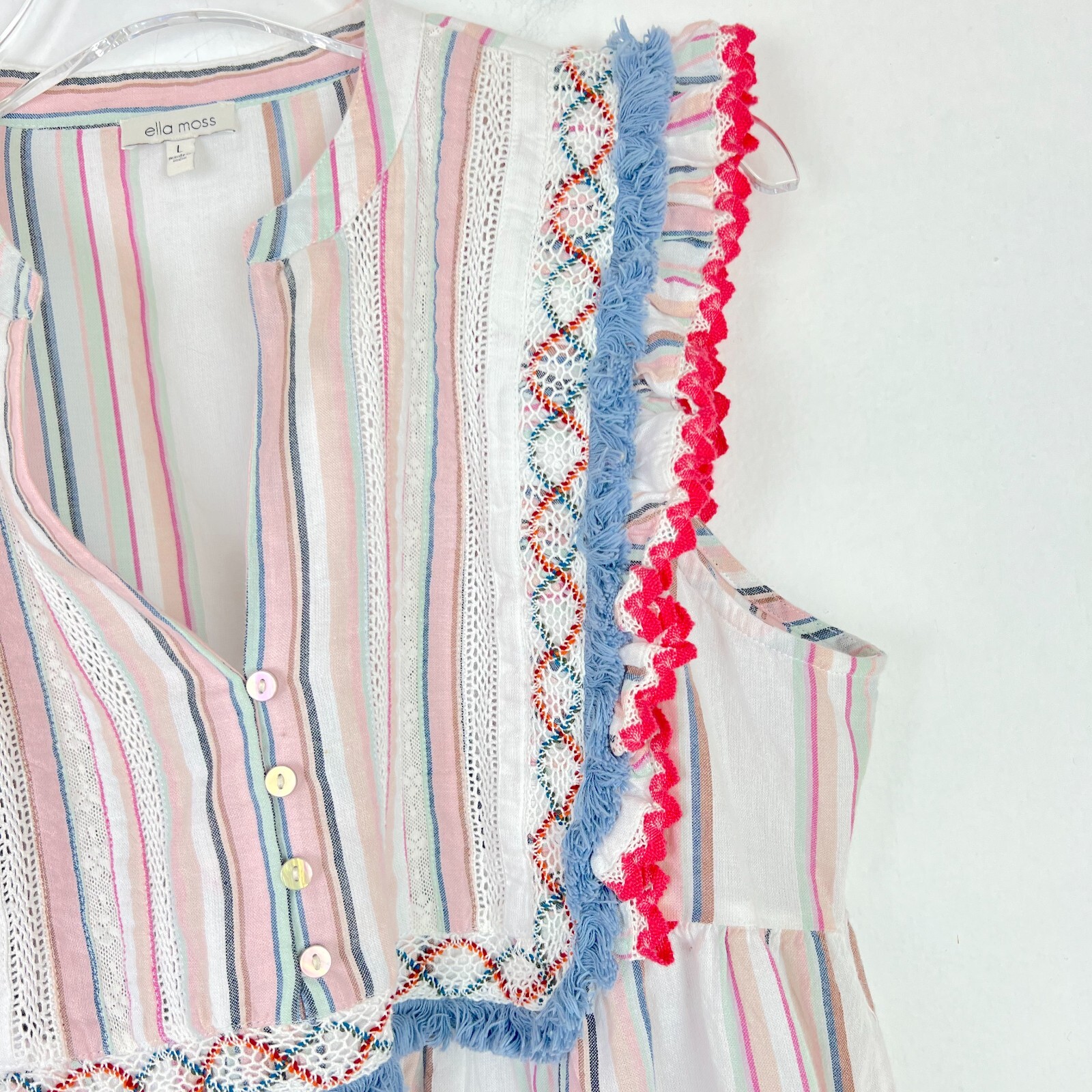 Ella Moss Natalia Ruffle Baby Doll Top Sleeveless Fringe Size Large L EUC L2191