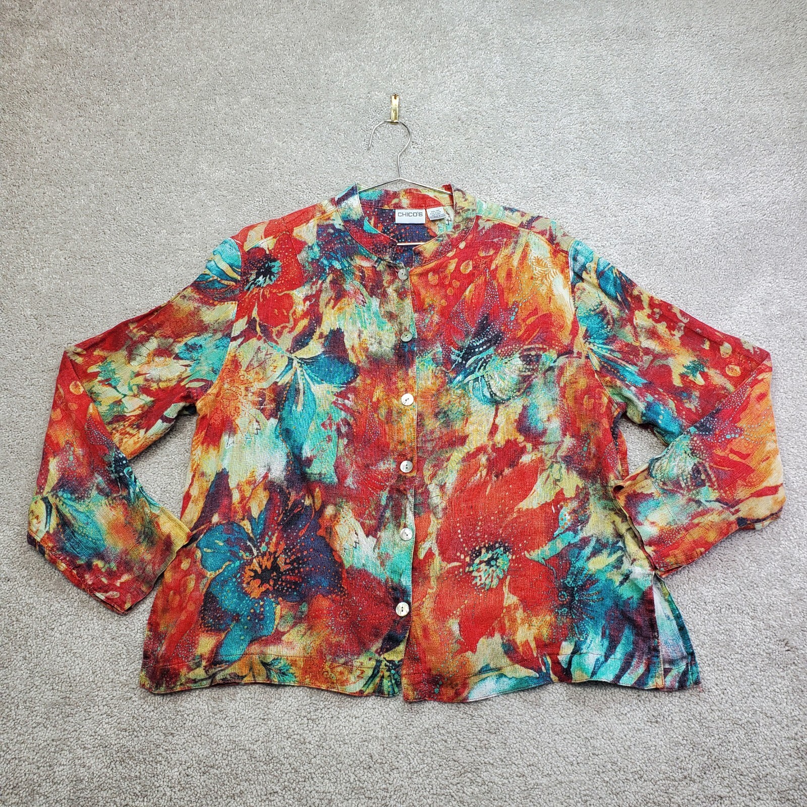 Chicos Shirt Women 2 (L) Orange Blue Floral Linen Water Color Wearable Art Boho
