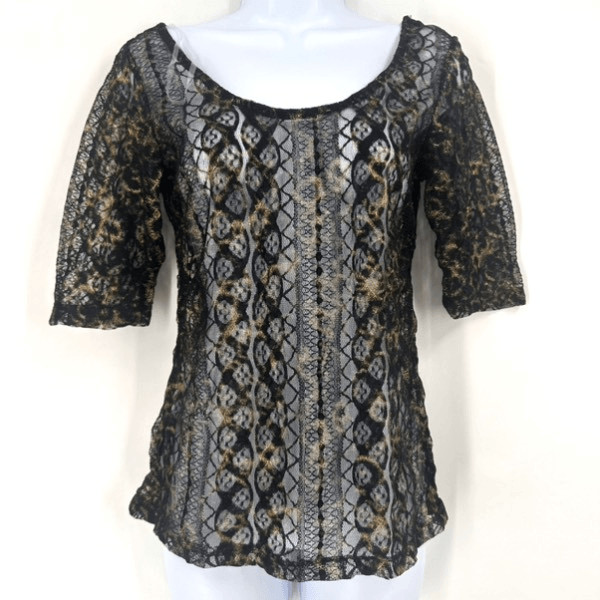 NWT H.I.P Goth Punk Women’s Sheer Lace Top Black Gold Size M Rock Vamp Baddie