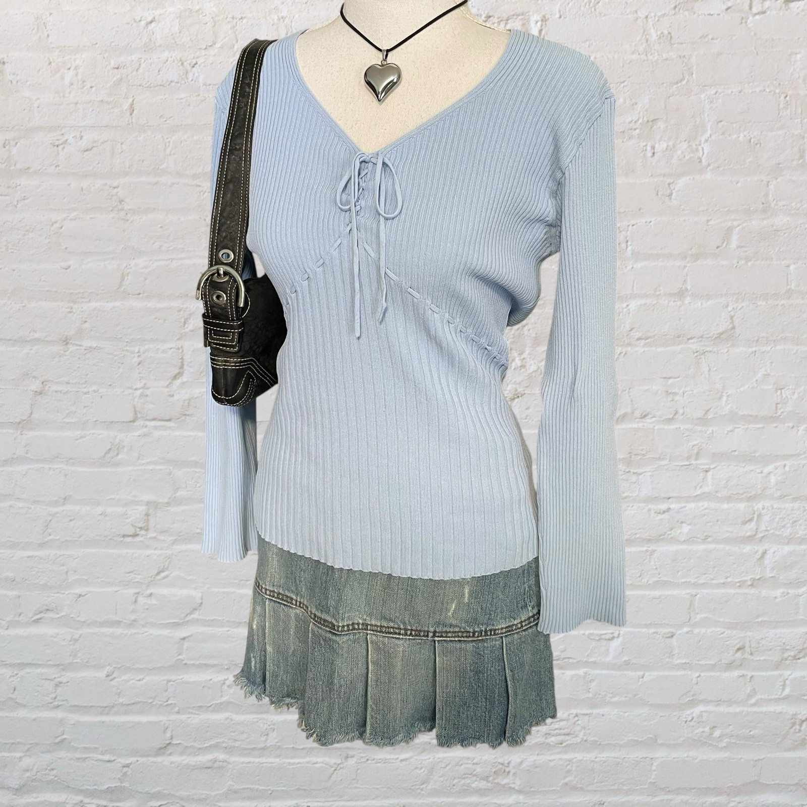 corset lace-up bow coquette top S light blue ribbed preppy fairy y2k feminine