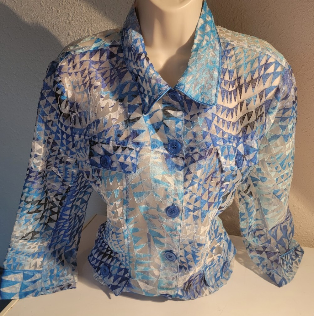 Erin by Erin London floral Vibrant Linen Blend Blouse Large Blue see through
