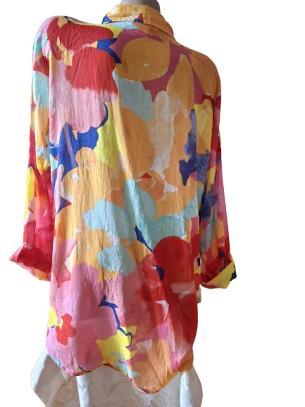Primark Oversized Cotton Shirt Blouse Abstract Floral Watercolor Print S M