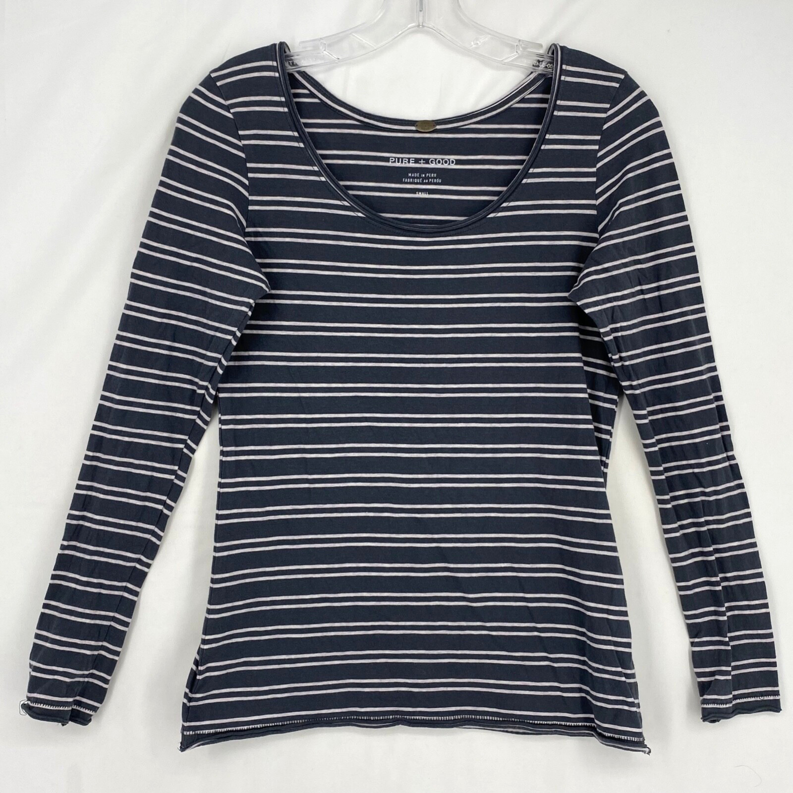 Pure + Good Womens Small Long Sleeve T-Shirt Gray Pale Pink Stripes Scoop Neck