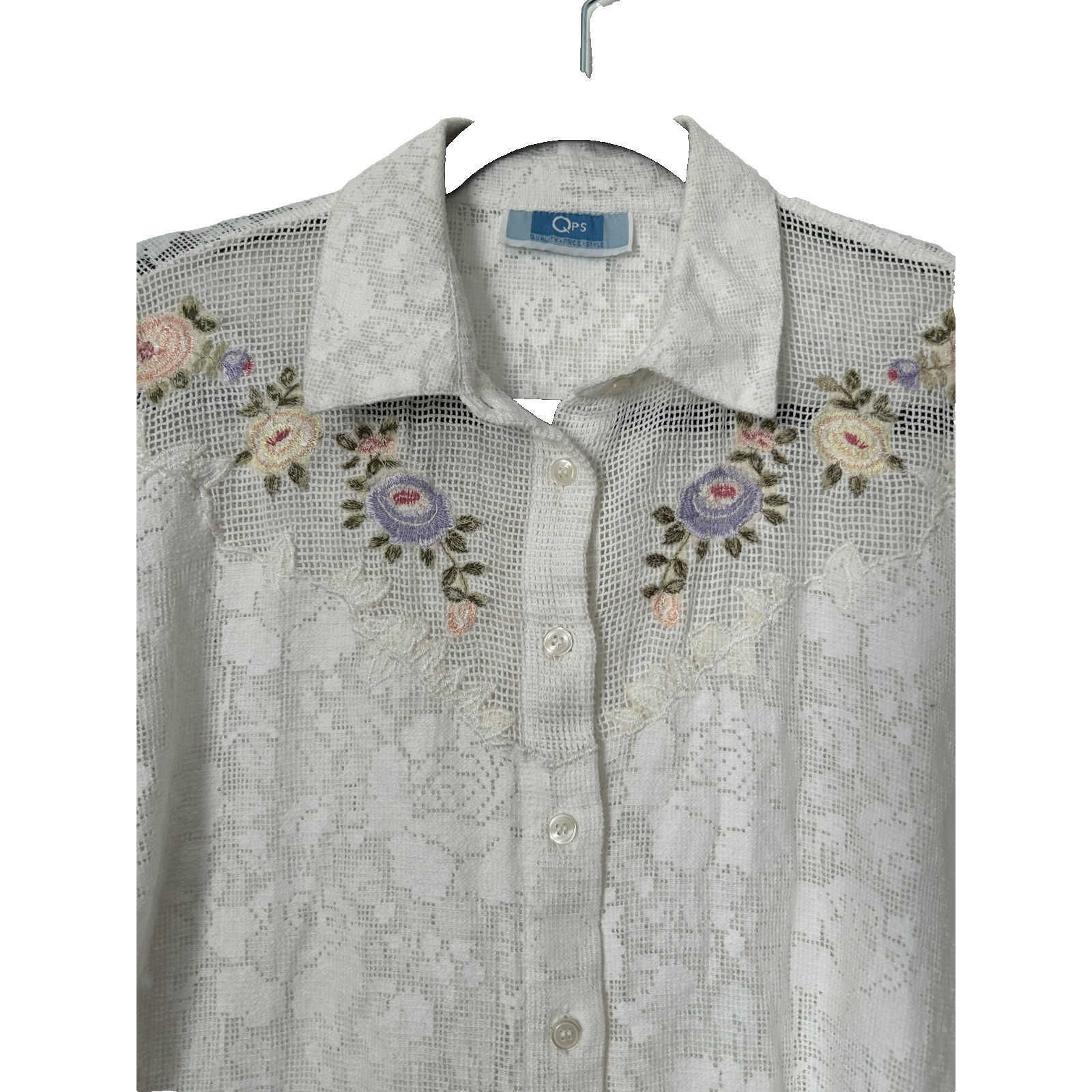 Vintage QPS Top Size M 100% Cotton Floral Lace Embroidered Button Up Blouse