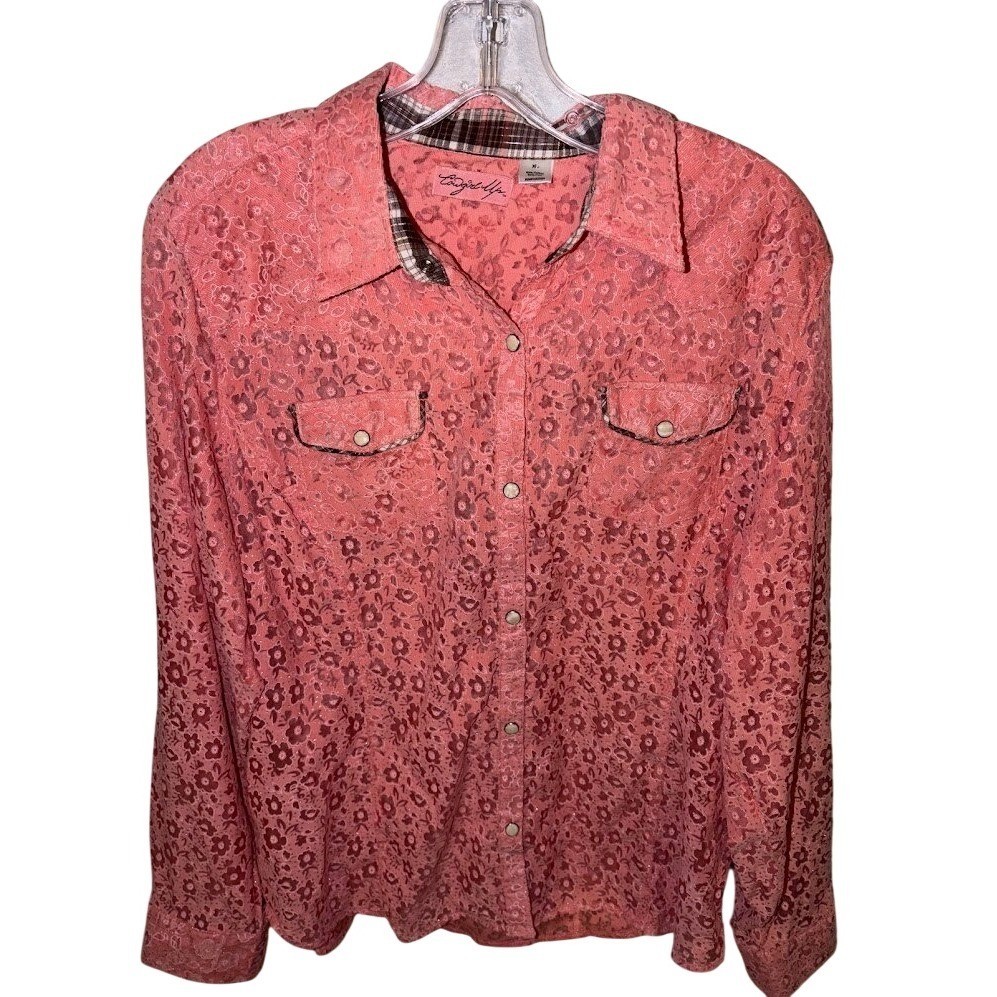 Cowgirl Up Womens XL Pink Burnout Floral Western Snap Front Plaid Trim Shirt