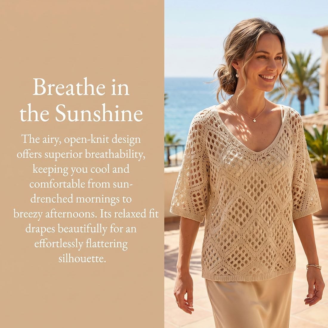 Women’s Bohemian-Inspired Beige Crochet Top with V-Neck