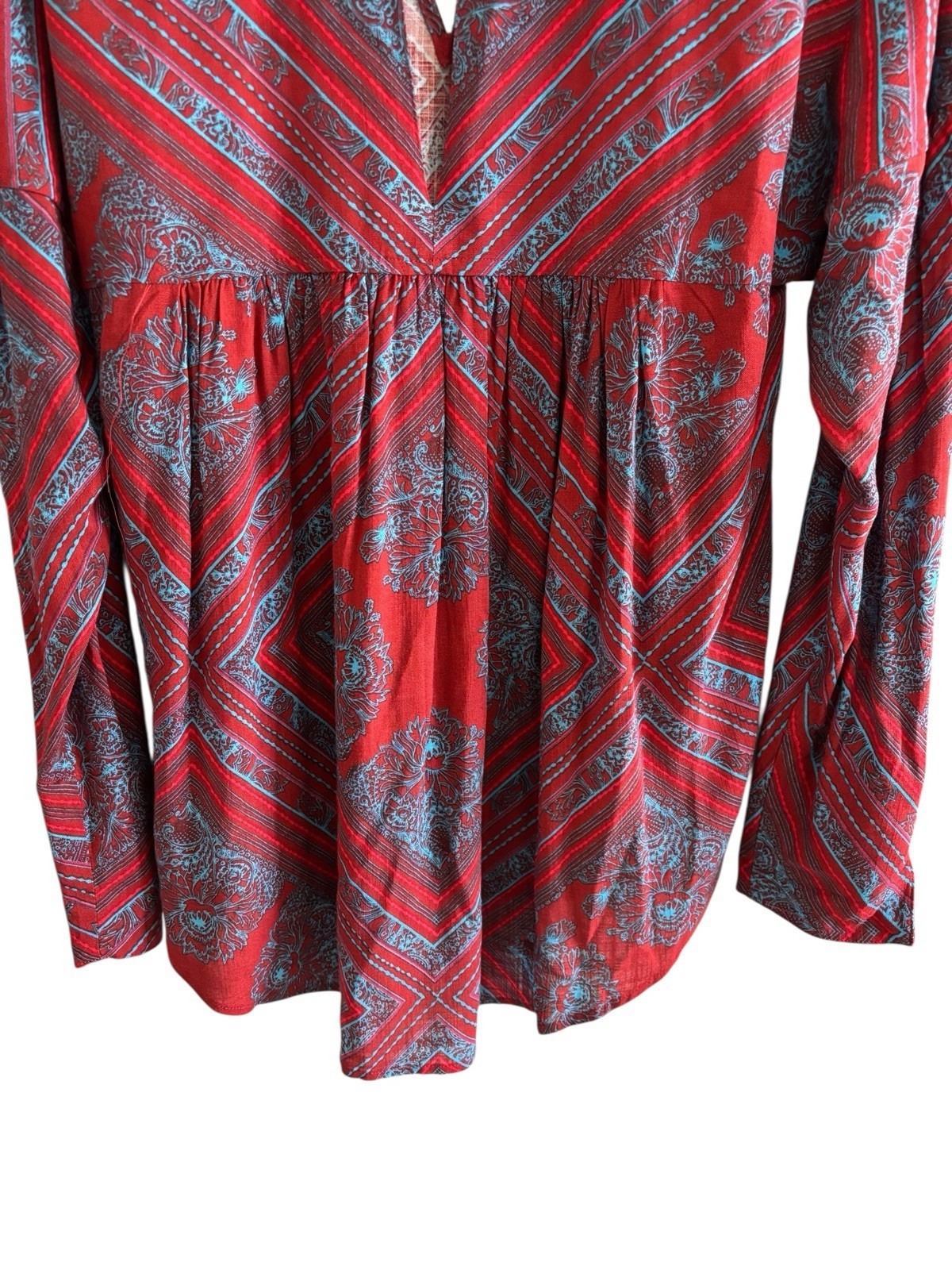 Free People Walking On A Dream Tunic Top Women’s S Red Blue Keyhole Aztec Boho