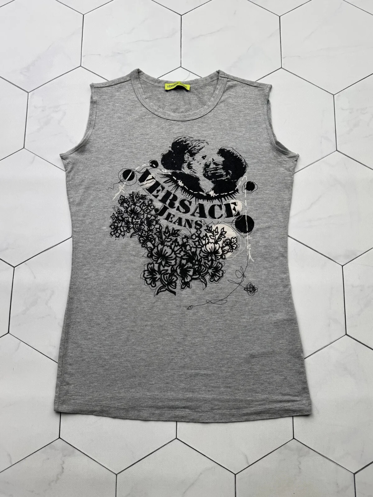 Versace Jeans Vintage Tank Top Womens Gray Graphic Sleeveless Y2K Designer Shirt