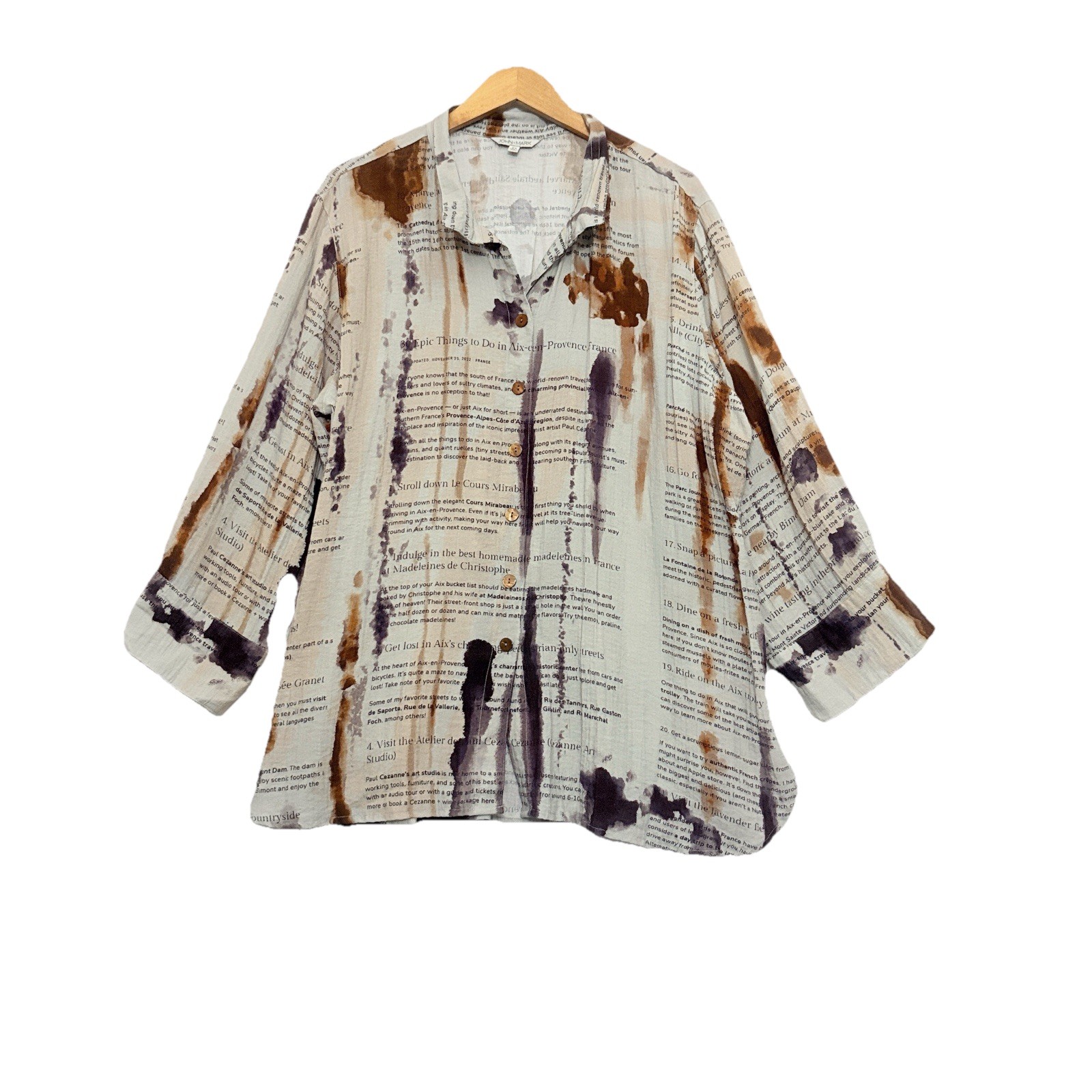 John Mark Womens Button Top 2X France Quotes Artsy Lagenlook Eclectic Tunic