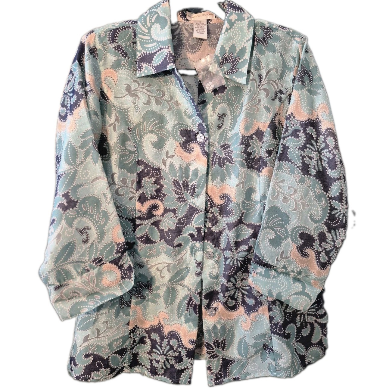 Draper’s & Damon’s Women’s S Blue/Teal Paisley Collared Button Woven Blouse 3/4