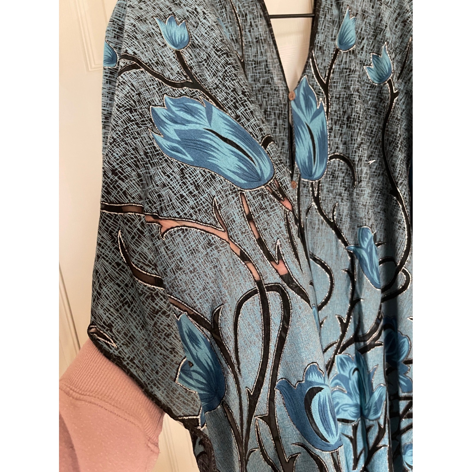Blue Floral Semi-Sheer Fringe Overlay Wrap One Size Boho Festival Layering Top