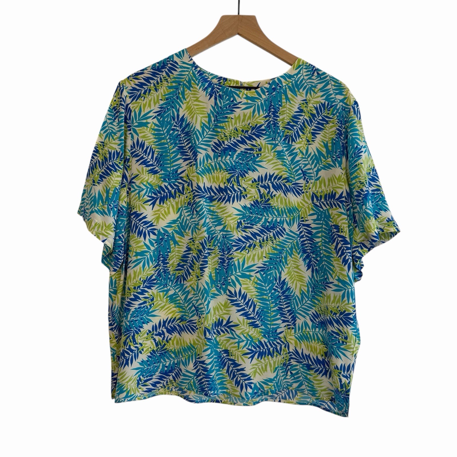 Vintage 100% Silk Short Sleeve Blouse Top Womens Green Blue XL Tropical Quo-Silk