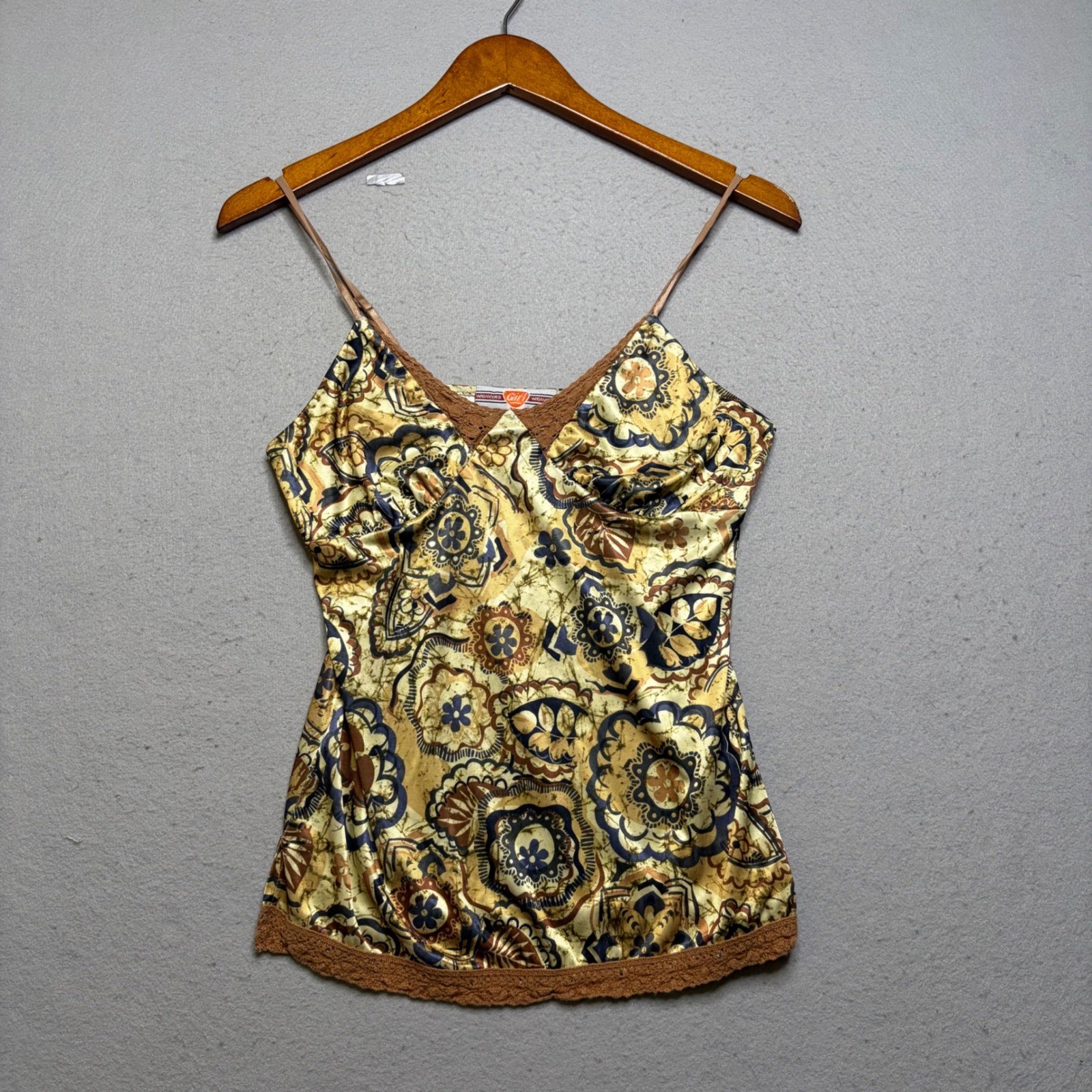 Weavers Girl Cami Top Womens S Gold Batik Floral Y2K Crochet Lace Trim Silky