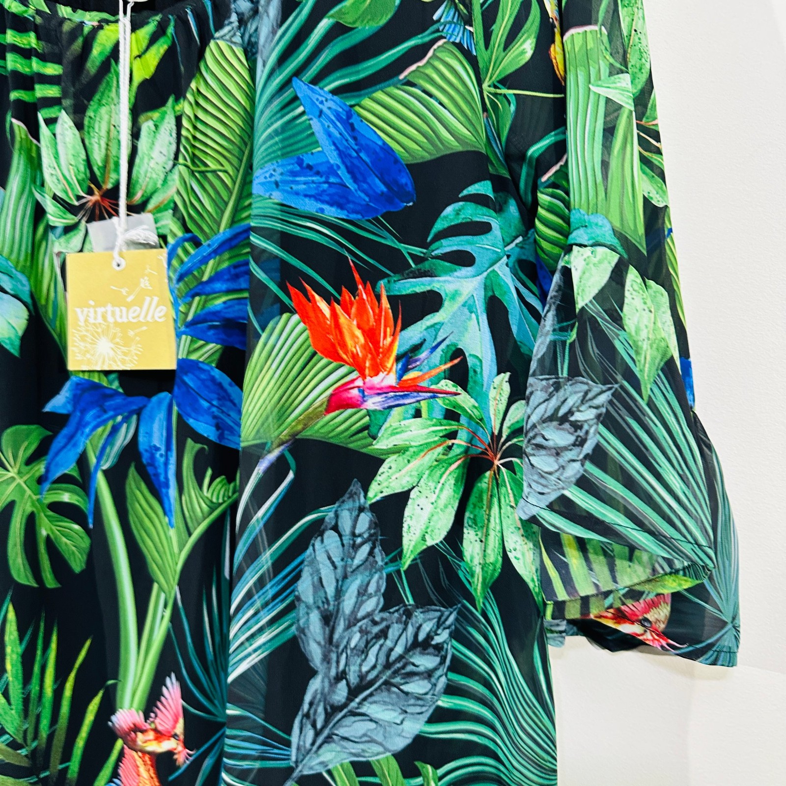 Virtuelle Blouse Top 14 Black Green Blue Birds Tropical Print Bell Sleeve Ruffle