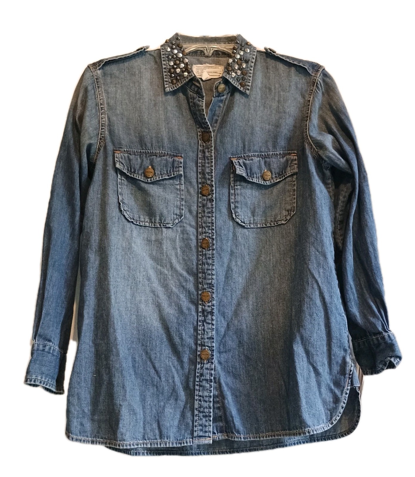 CURRENT/ELLIOTT STUDDED BLUE DENIM JEAN “The Perfect Shirt” SIZE 1 MSRP $215
