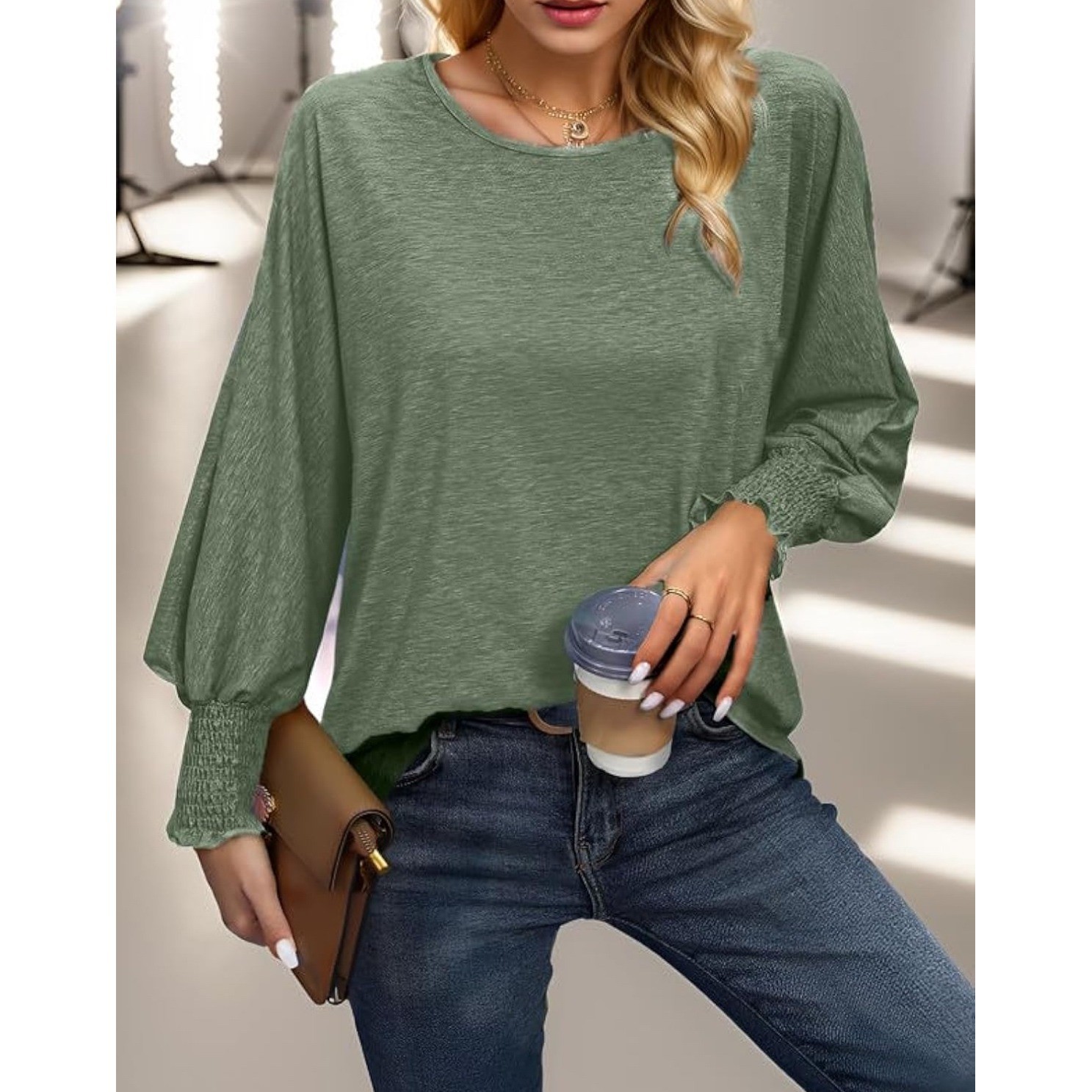 New Womens M Long Sleeve Gathered Cuff Casual Top Green Blouse Shirt