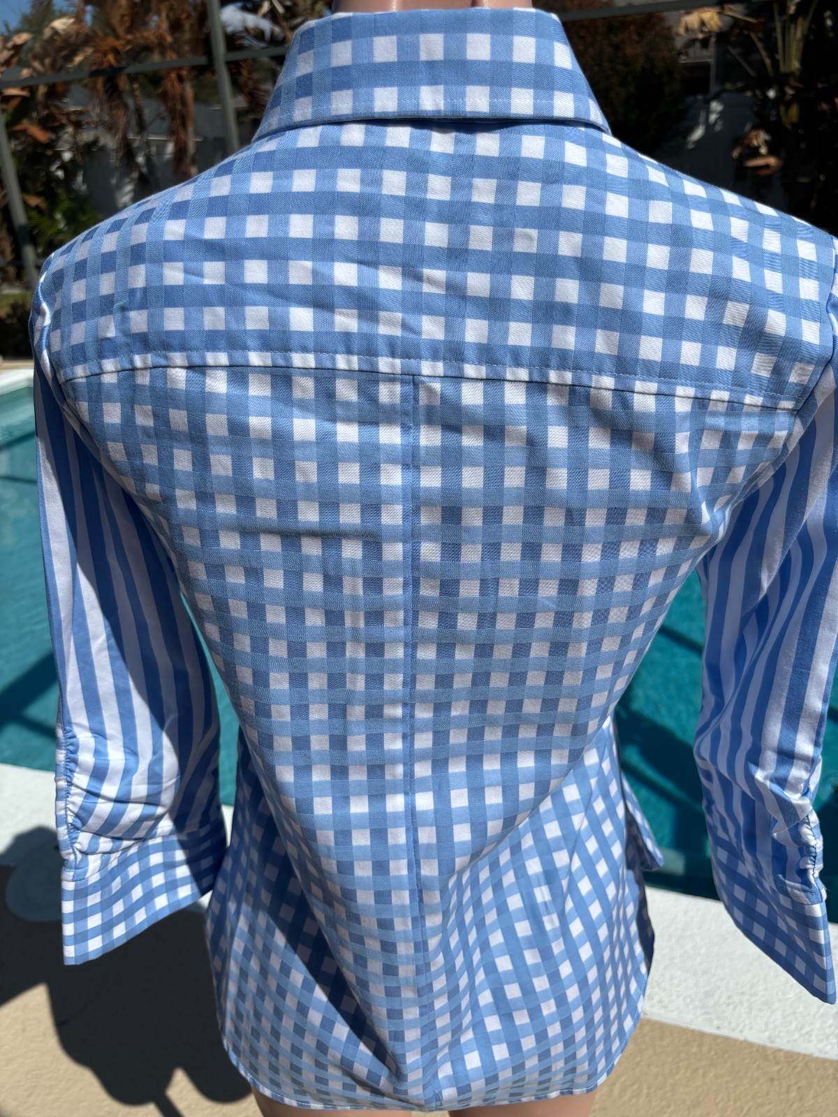 Hinson Wu Blouse Blue Check Plaid Womens shirt long sleeve size XS