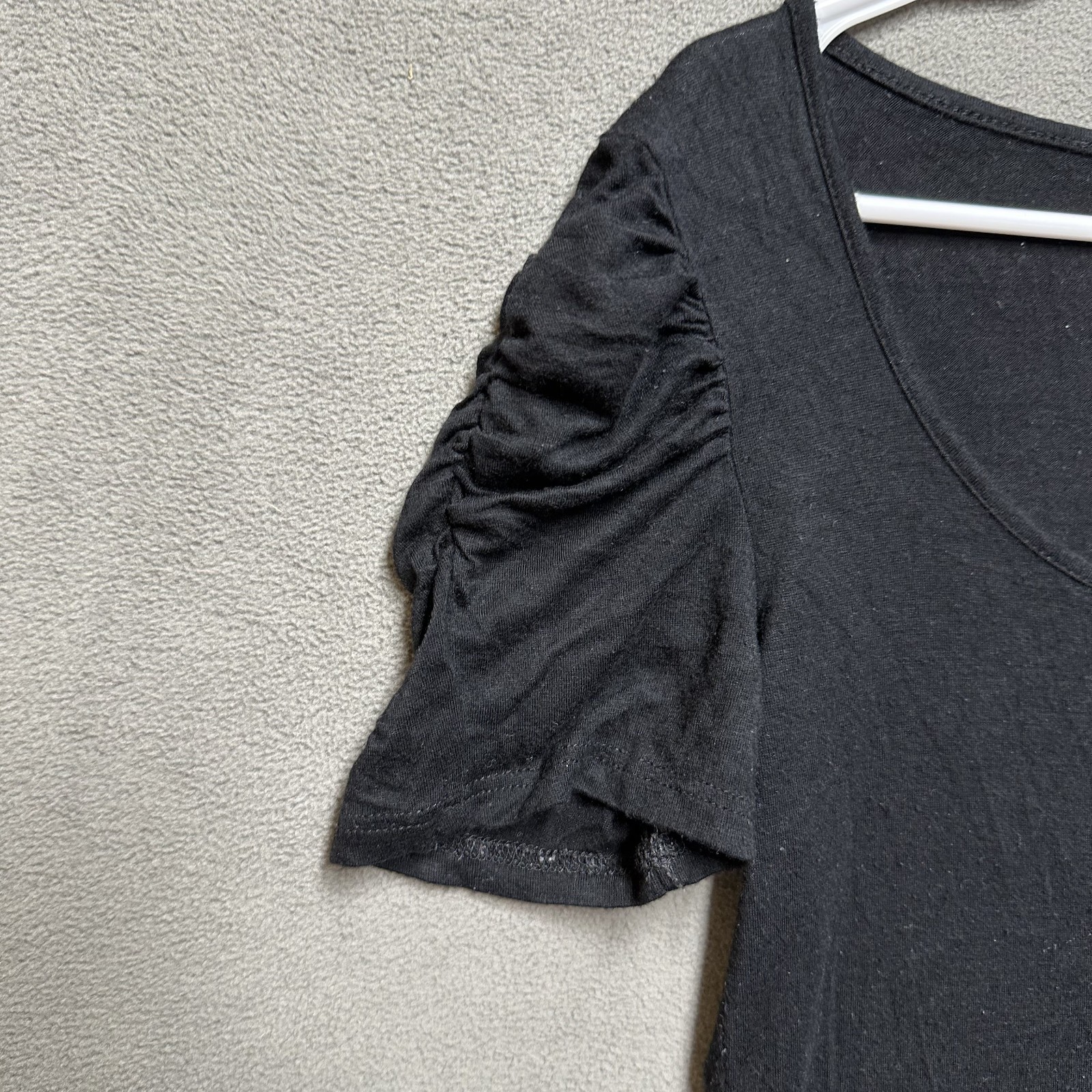 dELiAs Top Womens Medium Black Ruched Puff Sleeve Scoop Neck Stretch Made In USA