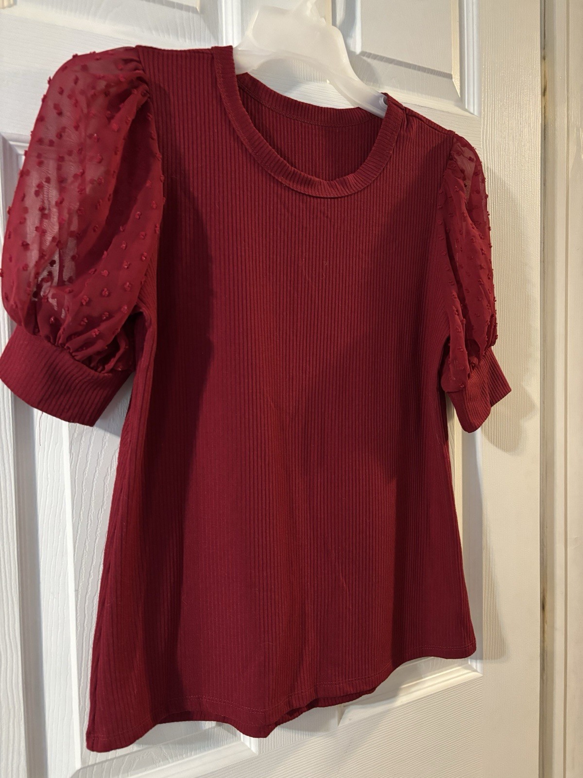 Deep Red Blouse Sheer Large L Short Sleeves Ribbed Knit