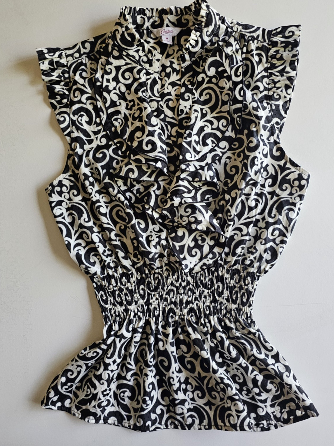 CANDIES Ruffle Blouse M Black White Damask Scroll Print Y2K Office Siren Goth