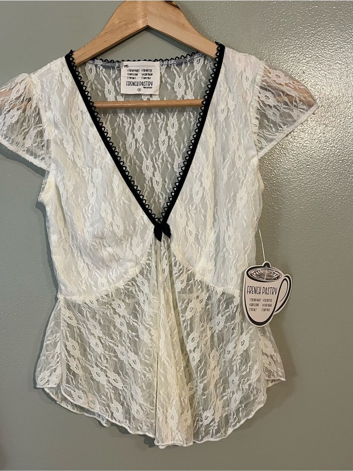 French Pastry White Lace Tie-Front Top with Black Trim S NWT