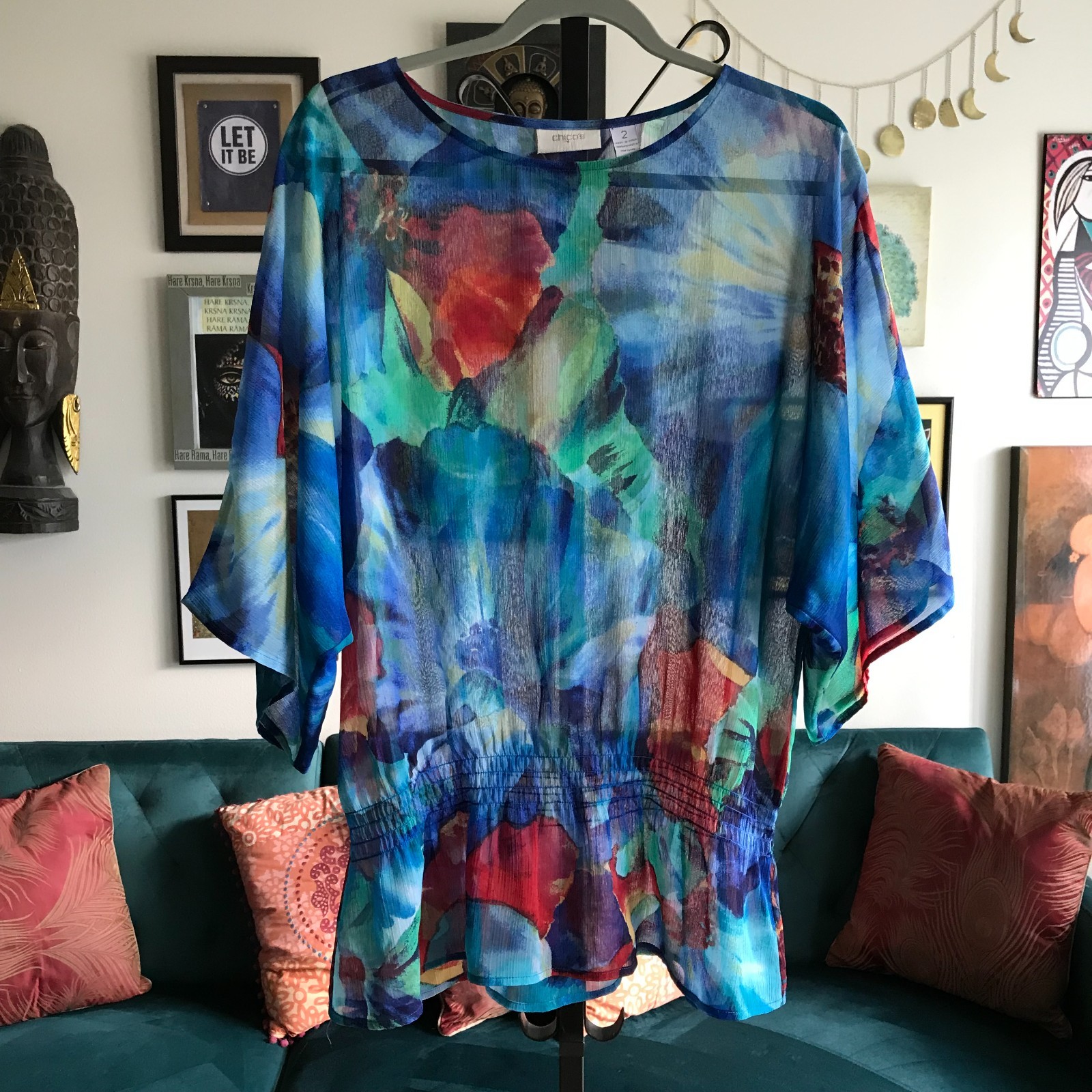 CHICO’S size 2 / L Sheer Blue Green & Red Floral Smocked Kimono Sleeve Blouse