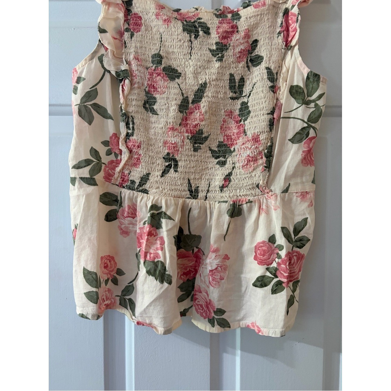 White and Pink Floral Smocked Peplum Ruffle Sleeve Tank Top Size large.