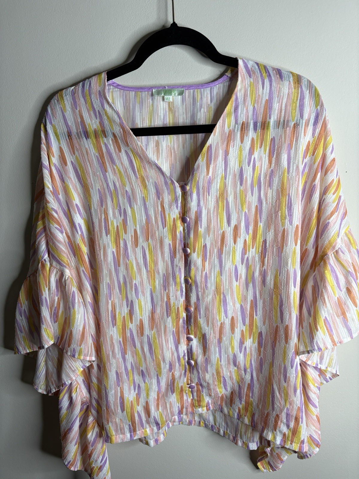 Jade Melody Tam Abstract Woven Blouse M/L V-Front Ruffle 3/4
