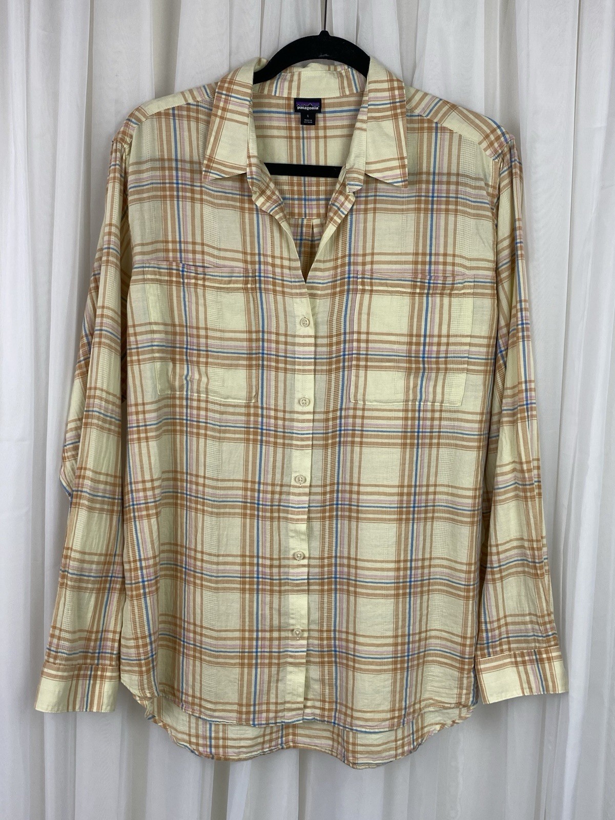 Patagonia Size L Beach Time Natural Ivory Plaid Lightweight Hemp Cotton Shirt