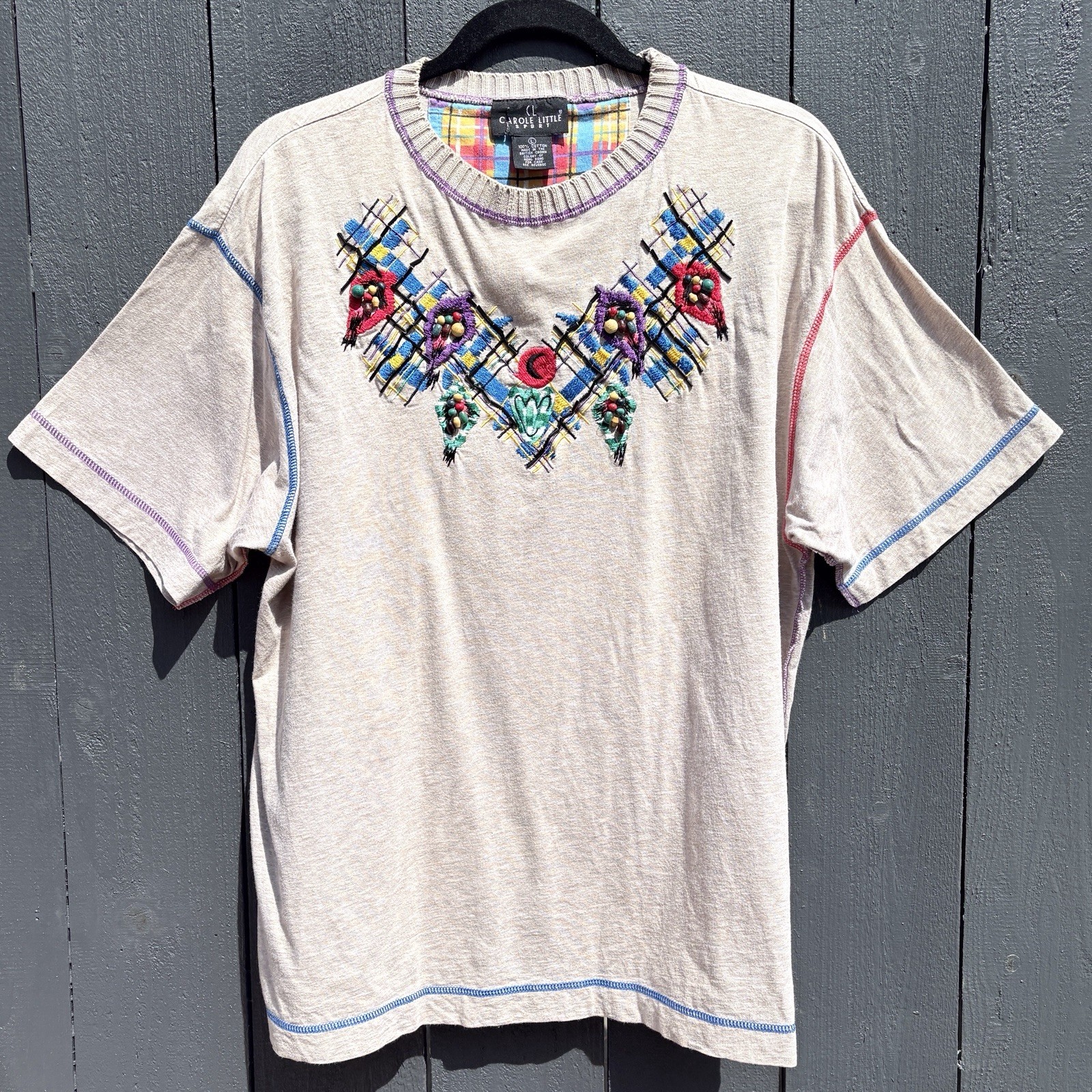 VTG Carole Little Boho Beaded Embroidered Top T Shirt Large Art 90s Abstract