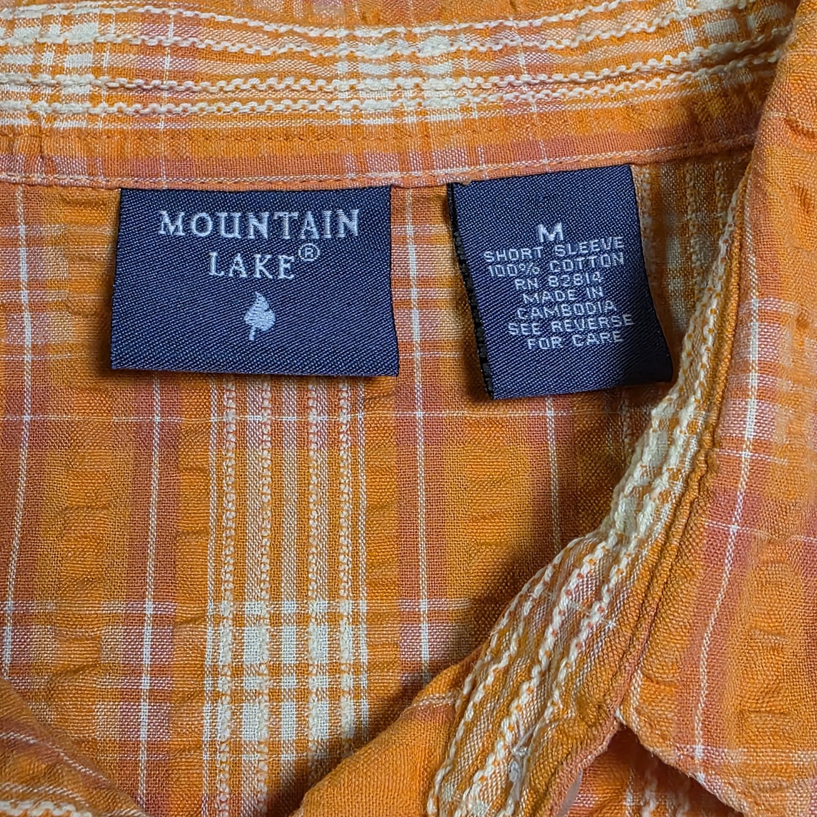 Mountain Lake Women’s M Orange Plaid Button Up Shirt Short Sleeve Seersucker
