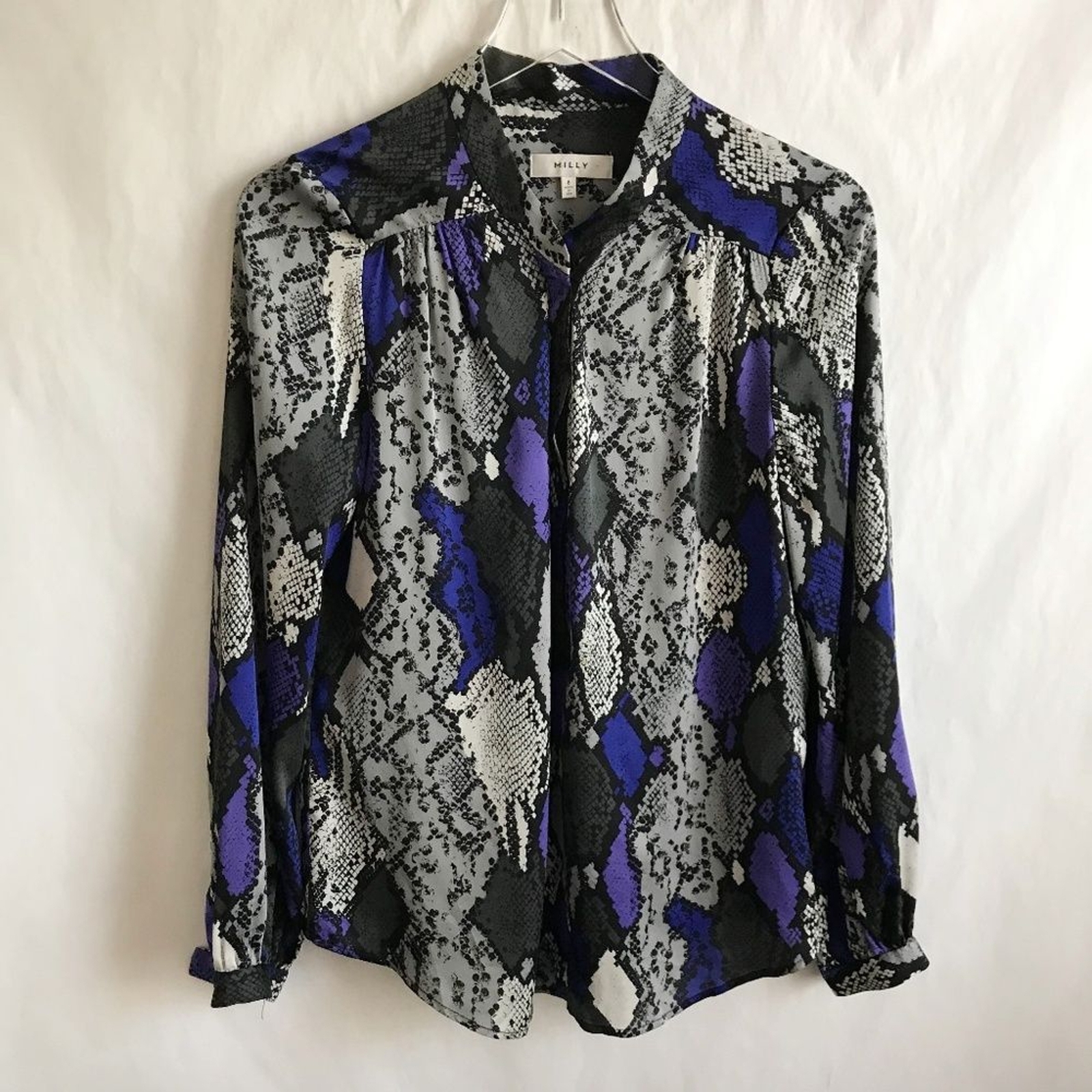 Milly Silk Purple Blue Gray Snake Print Long Sleeve Blouse 8 V-Neck Edgy Modern